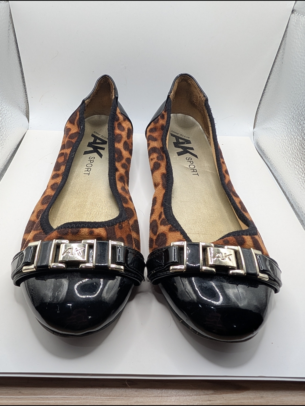 Anne Klein Sport Leopard Print Flats with Black Patent Toe and Silver Buckle - Picture 2 of 7